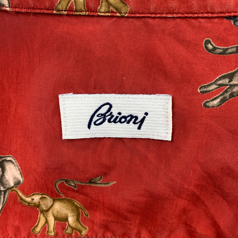 BRIONI Size L Red & Taupe Animal Print Rayon Button Up Short Sleeve Shirt