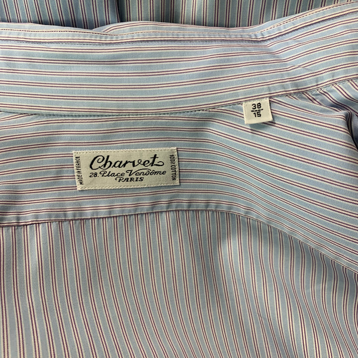 CHARVET Camisa de manga larga con botones a rayas de algodón azul y burdeos talla M