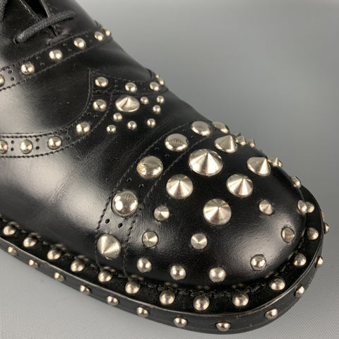 PRADA F/W 09 Size10.5 Black Studded Leather Cap Toe Lace Up Shoes