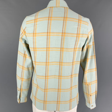 JOHN ELLIOTT Size L Powder Blue Yellow Brown Plaid Cotton Long Sleeve Shirt