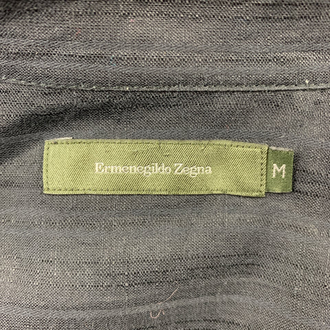 ERMENEGILDO ZEGNA Size M Black Vertical Linen / Cotton Stripe Short Sleeve Shirt