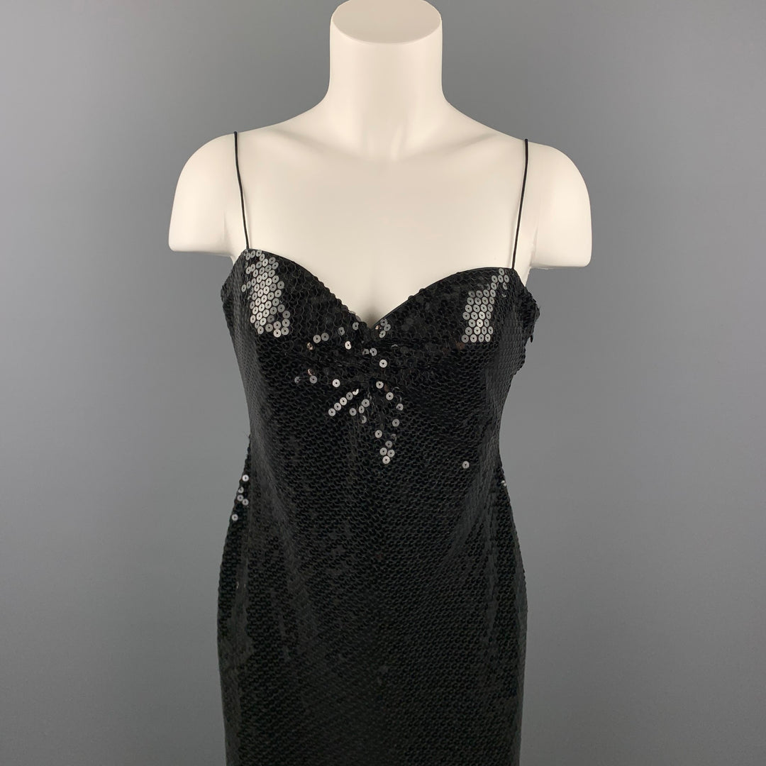 GIORGIO ARMANI Size 6 Black Sequined Polyester Blend Spaghetti Strap Dress