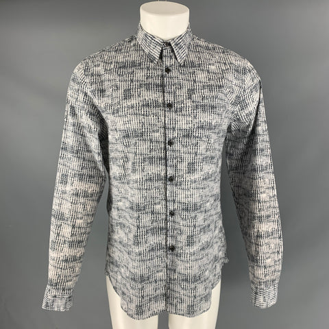 PRADA Size S White Grey Print Cotton Button Up Long Sleeve Shirt