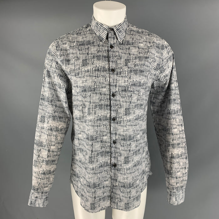 PRADA Size S White Grey Print Cotton Button Up Long Sleeve Shirt