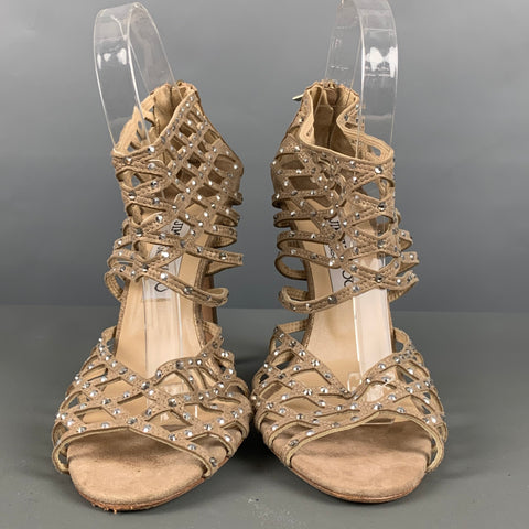 JIMMY CHOO Talla 10 Sandalias tobilleras con pedrería de ante dorado beige
