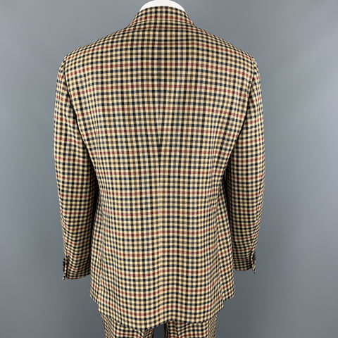 ETRO Size 48 Khaki & Brown Checkered Plaid Lana Wool Notch Lapel Suit