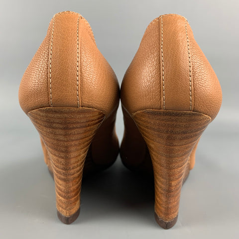 LANVIN Size 8 Tan Textured Leather Wedge Pumps