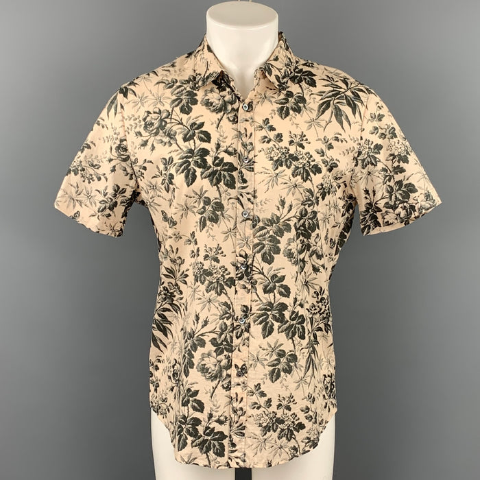 GUCCI Size M Beige Floral Cotton Button Up Short Sleeve Shirt