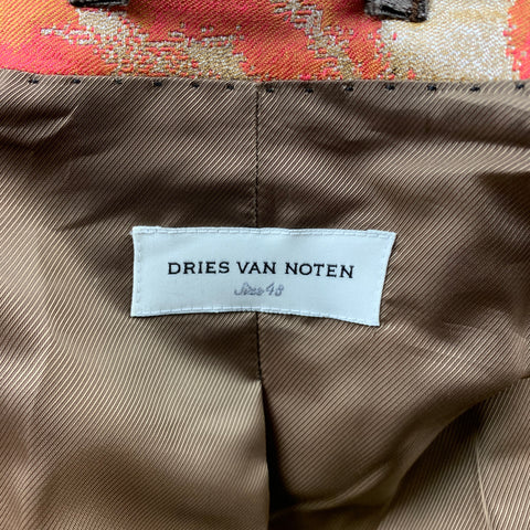 DRIES VAN NOTEN Size 38 Orange & Olive Metallic Jacquard Notch Lapel Sport Coat