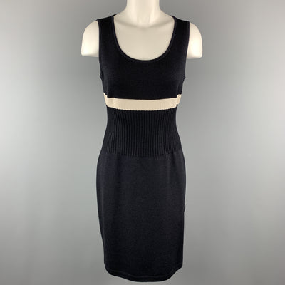 ST. JOHN Size S Black Wool/Rayon Knitted Striped Sleeveless Dress