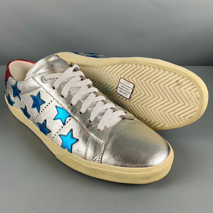SAINT LAURENT Size 11 Silver Blue Stars Leather Low Top Sneakers
