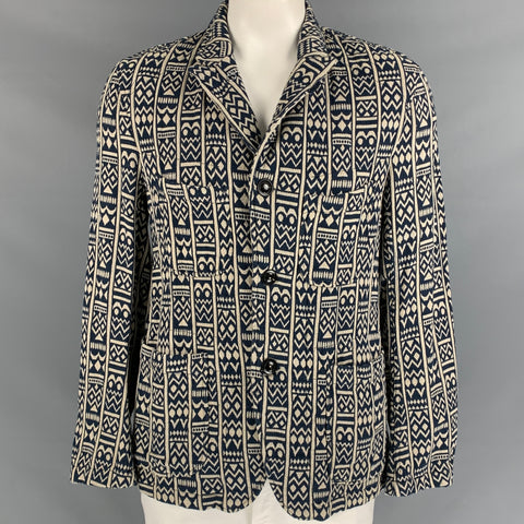 ENGINEERED GARMENTS Size L Navy & Ivory Print Cotton Peak Lapel Jacket