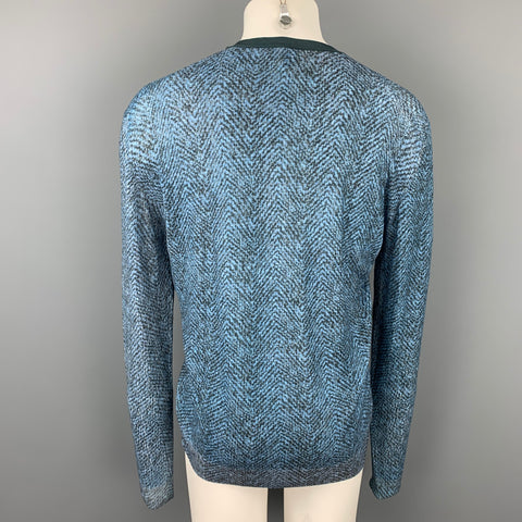 GIORGIO ARMANI Size XXL Blue & Charcoal Print Polyamide Henley Pullover