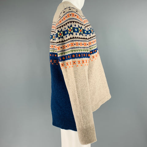 JOSEPH Size M Grey Blue Fair Isle Wool Crew-Neck Sweater