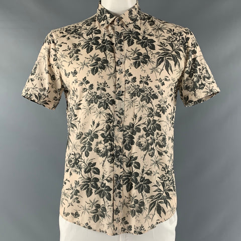 GUCCI Size L Cream Black Floral Short Sleeve Shirt