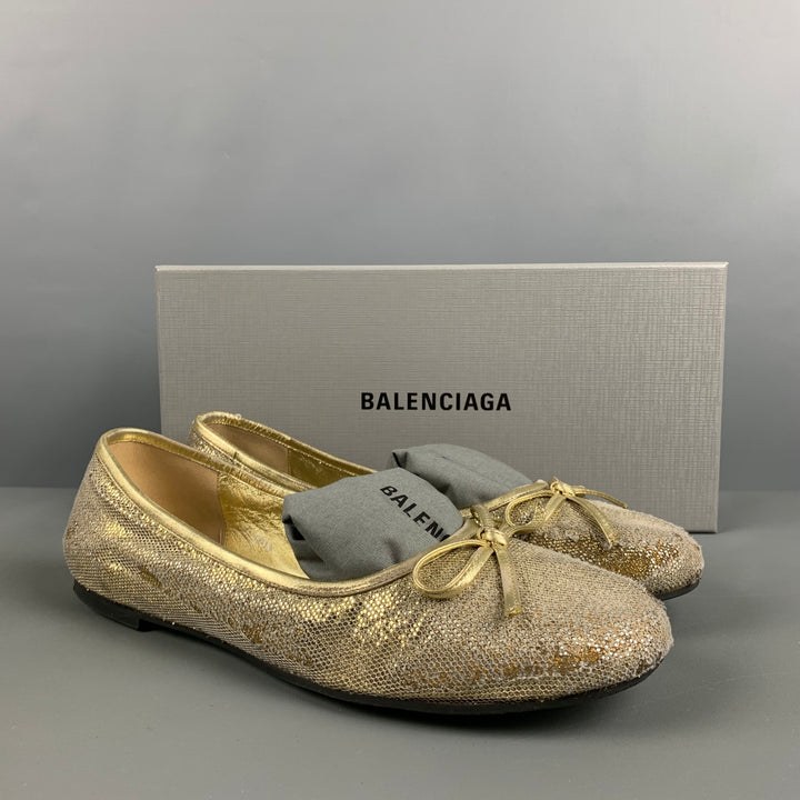 BALENCIAGA Size 11 Gold Grey Fabric Mesh Ballet Flats