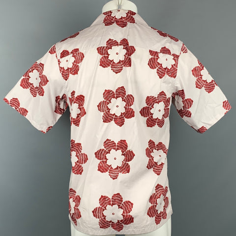 PRADA Size M Light Grey & Burgundy Floral Cotton Camp Short Sleeve Shirt