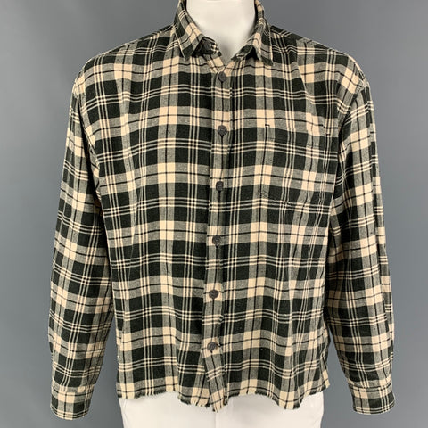 JOHN ELLIOTT Size L Black Beige Plaid Cotton Cropped Long Sleeve Shirt