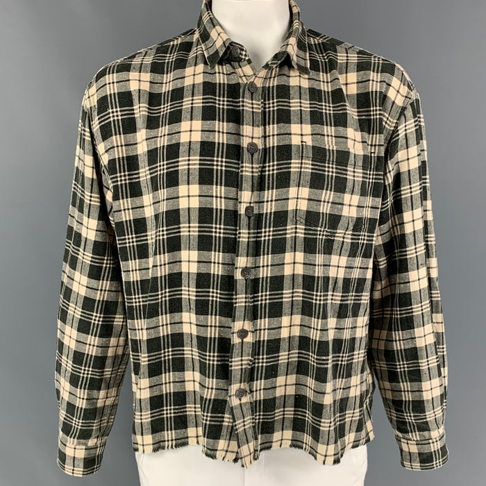 JOHN ELLIOTT Size L Black Beige Plaid Cotton Cropped Long Sleeve Shirt
