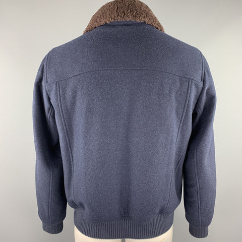 BRUNELLO CUCINELLI Size XL Navy Cashmere Zip Up Fur Collar Jacket