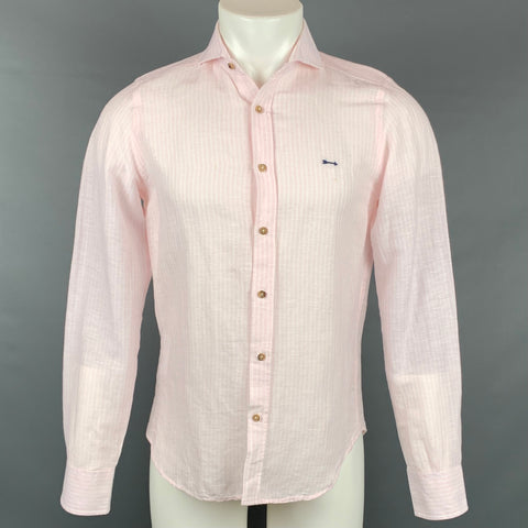 TRAFALGAR Size S Pink & White Stripe Linen / Cotton Long Sleeve Shirt