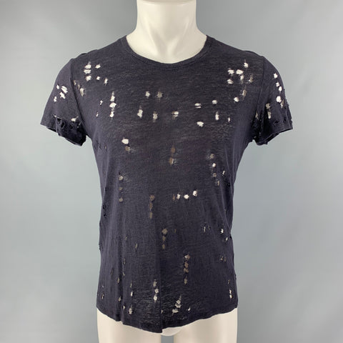 IRO Size XS Navy Distressed Linen Crew-Neck T-shirt