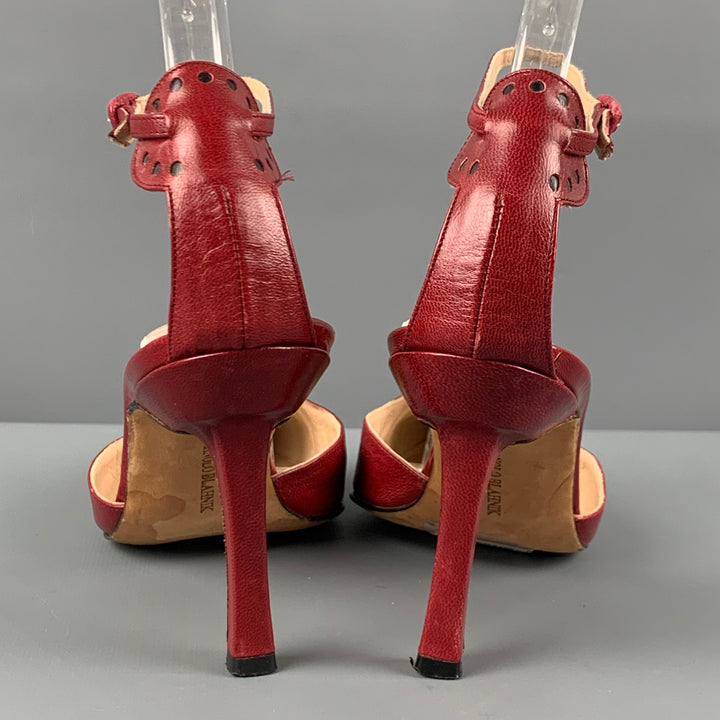 MANOLO BLAHNIK Size 6.5 Red Leather Perforated Ankle Strap Pumps