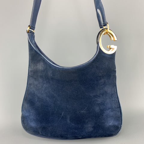 Vintage GUCCI Navy Blue Suede Gold Tone GG Shoulder Bag