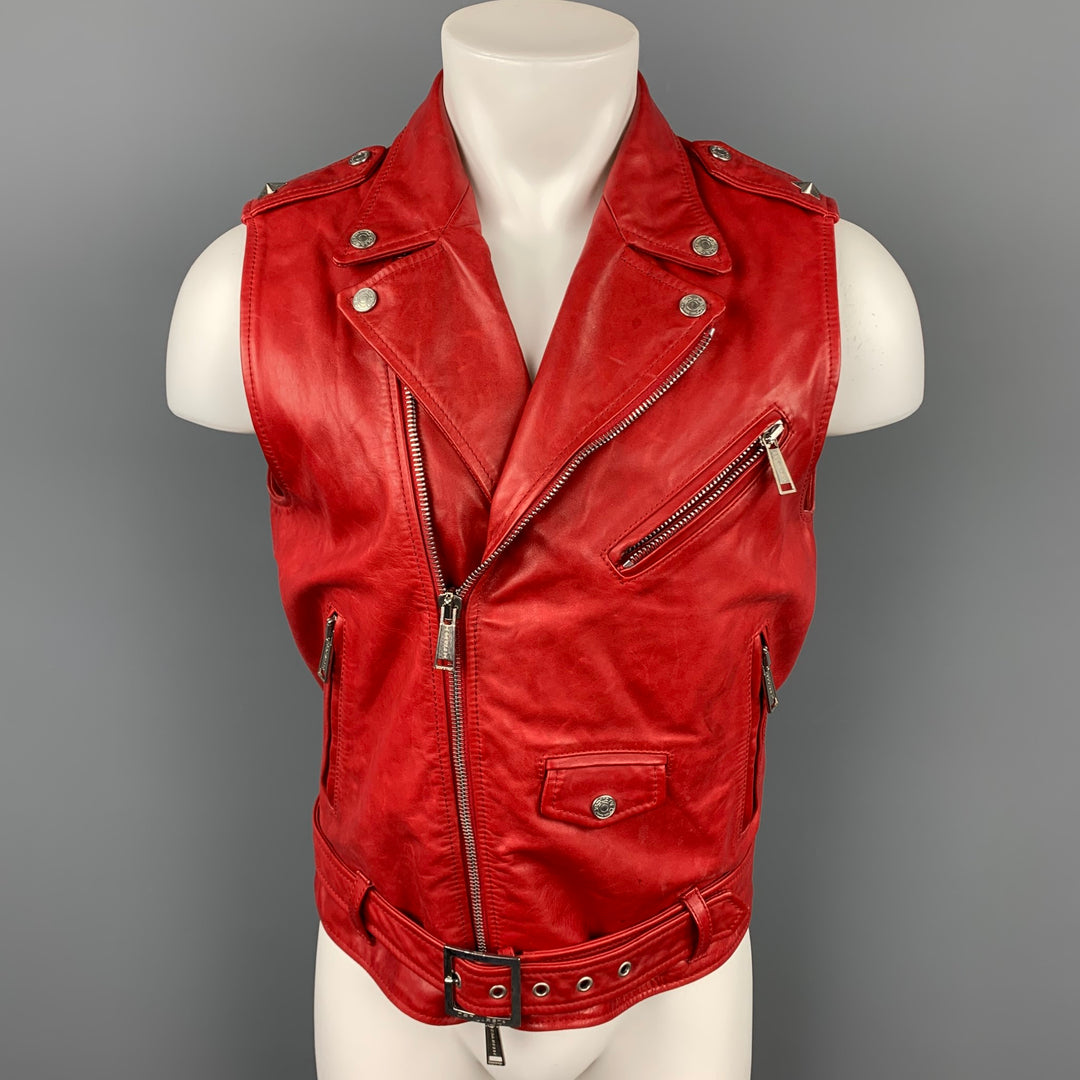 DSQUARED2 Size 40 Red Leather Zip Up Biker Vest - Main Image