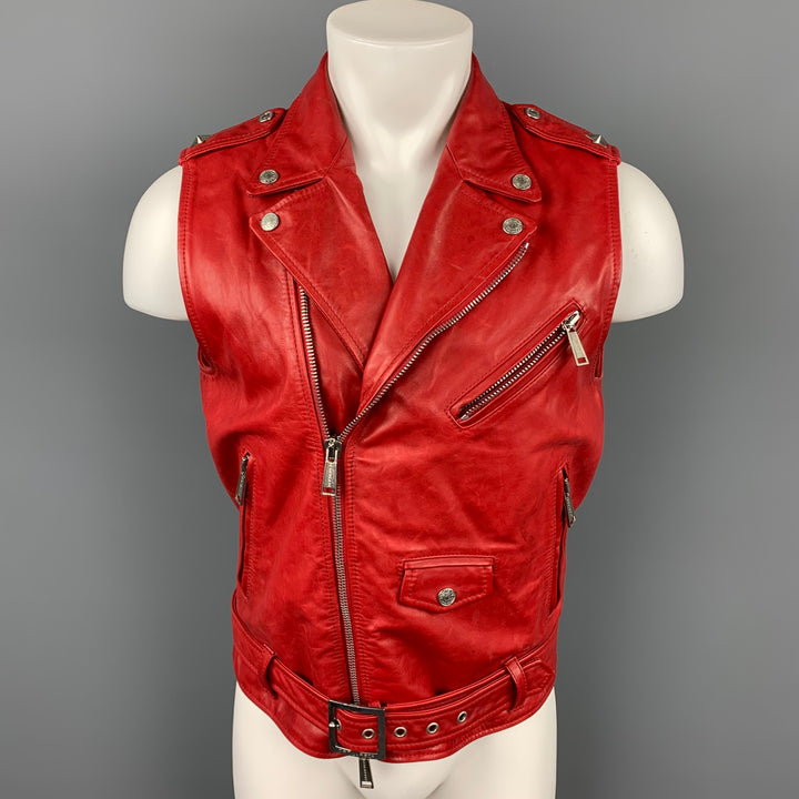 DSQUARED2 Size 40 Red Leather Zip Up Biker Vest