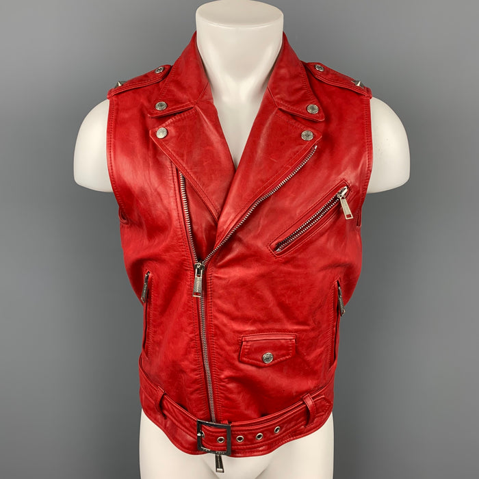 DSQUARED2 Talla 40 Chaleco motero de cuero rojo con cremallera