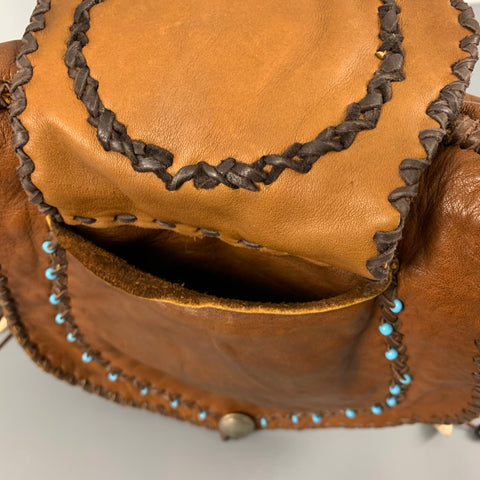 VINTAGE Brown Beaded Leather Turquoise Cross Body Handbag