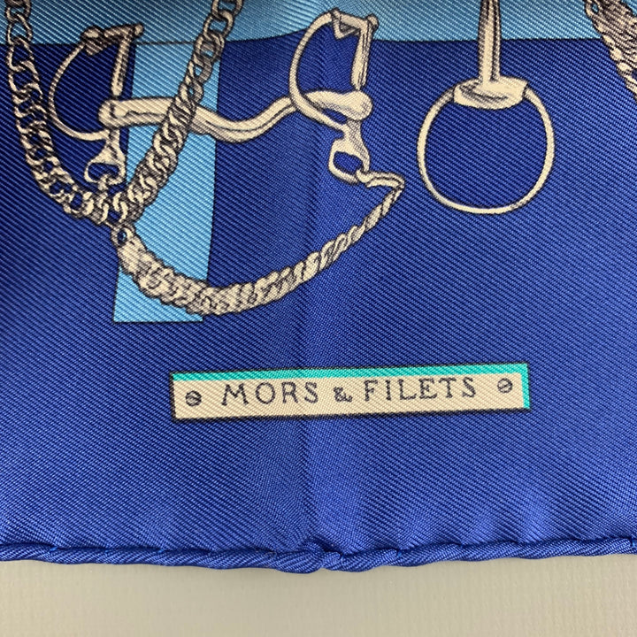 HERMES Mors & Filets Blue White Equestrian Silk Twill Pocket Square