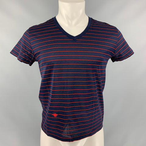 DIOR Size S Navy & Red Stripe Cotton V-Neck T-shirt