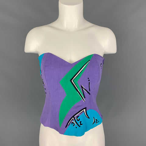 LAUREL Talla 6 Púrpura Azul y Verde Lino y Rayón Bordado Bustier Top Casual