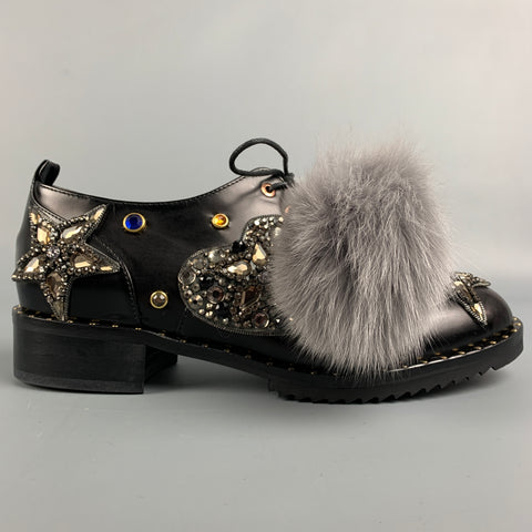 IVY KIRZHNER Size 7.5 Black & Silver Leather Rhinestones Pom Pom Barnum Laces