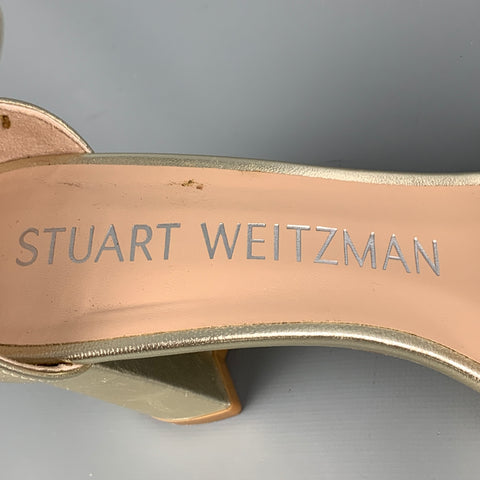 STUART WEITZMAN Talla 6.5 Sandalias de tacón grueso trenzado de cuero plateado platino