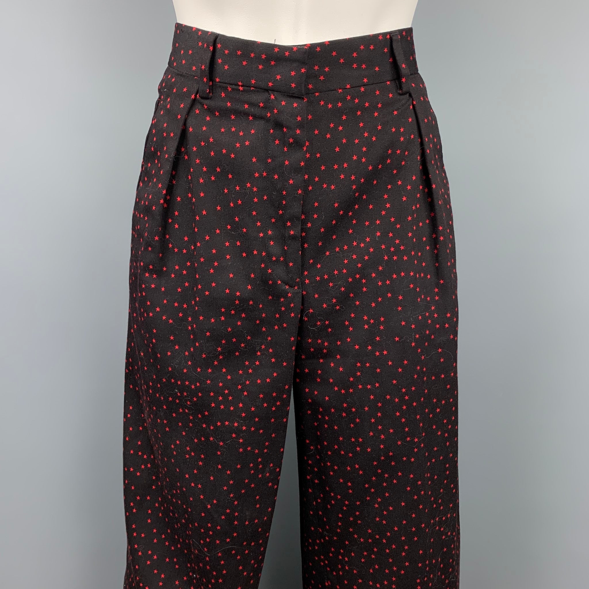 DRIES VAN NOTEN Size 6 Black & Red Star Print Cotton Wide
