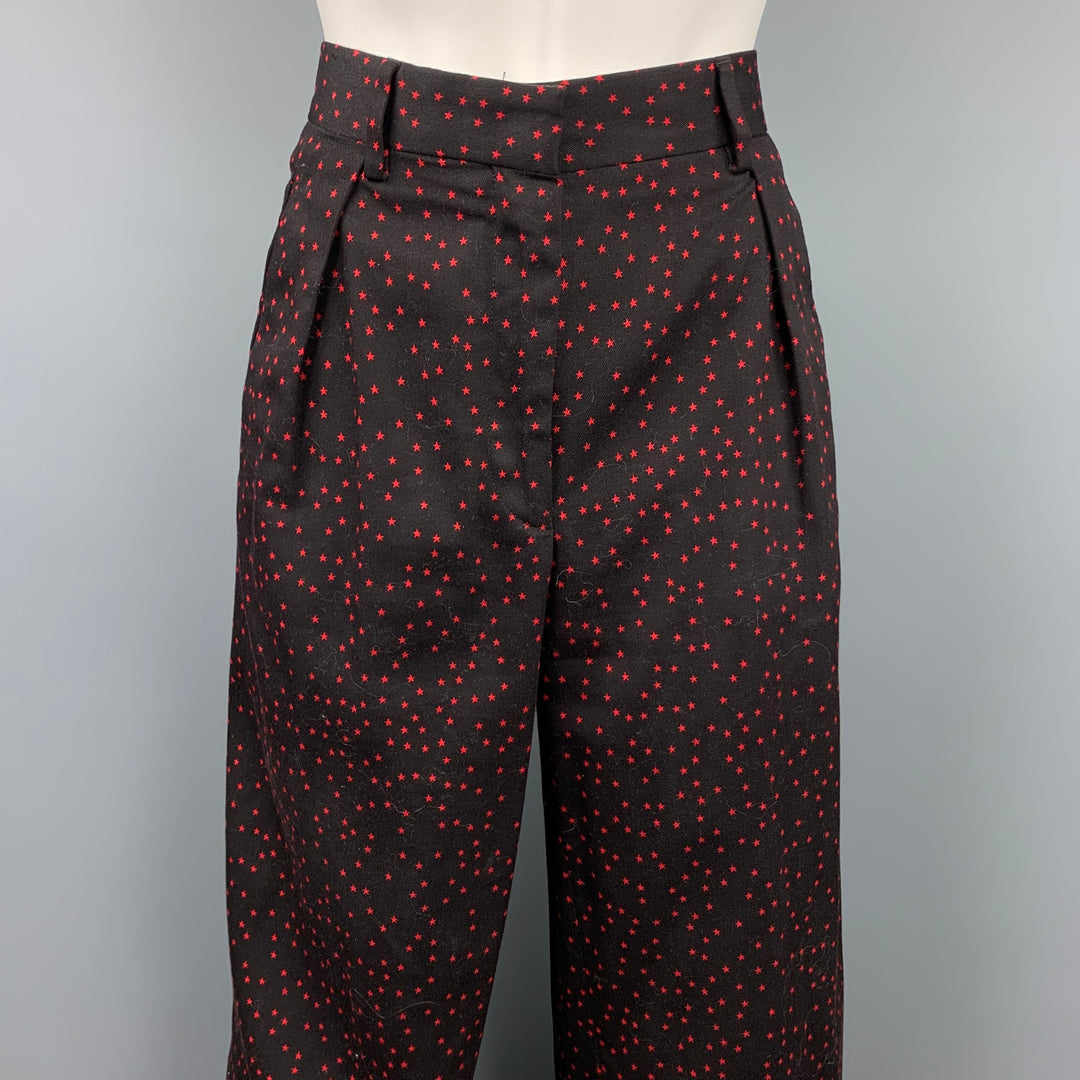 DRIES VAN NOTEN Size 6 Black & Red Star Print Cotton Wide Leg Dress Pants