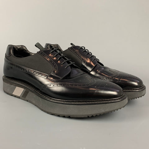 PRADA Size 11 Black Perforated Leather Platform Lace Up Shoes