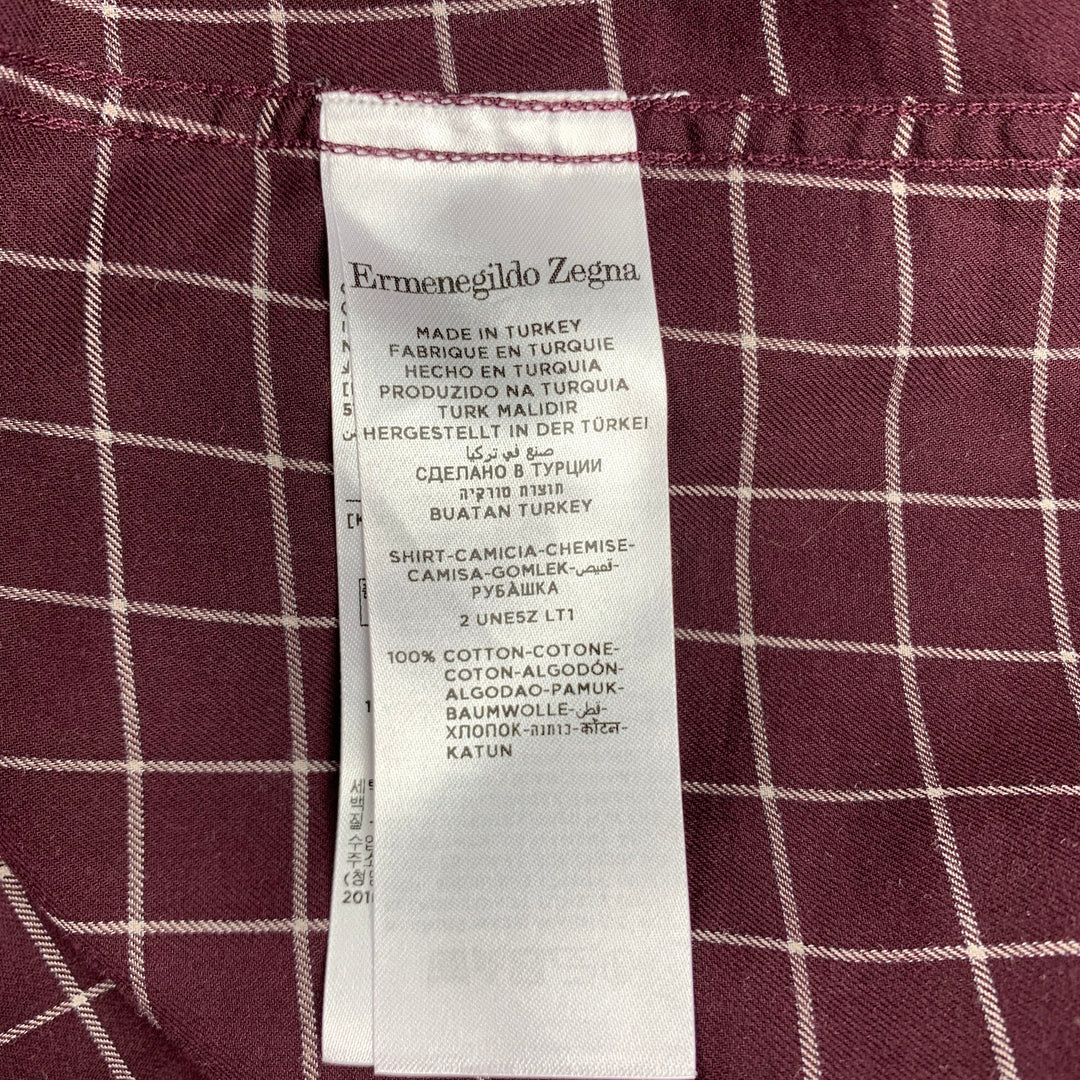 ERMENEGILDO ZEGNA Size XXL Burgundy & Cream Window Pane Cotton Long Sleeve Shirt