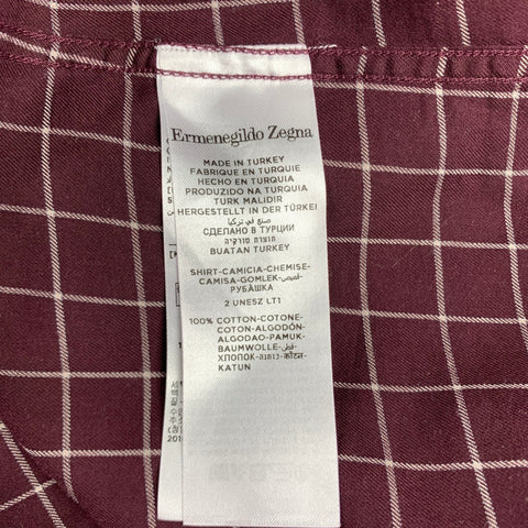 ERMENEGILDO ZEGNA Size XXL Burgundy & Cream Window Pane Cotton Long Sleeve Shirt