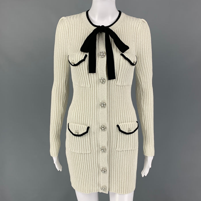 SELF-PORTRAIT Size 4 White Silver Knit Ribbed Long Cardigan