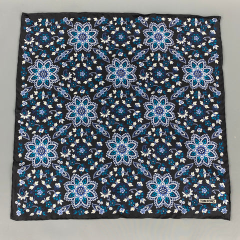 TOM FORD Black & Teal Floral Silk Pocket Square