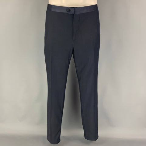 SALVATORE FERRAGAMO Size 42 Navy Wool  Mohair Shawl Collar Tuxedo 3 Piece Suit