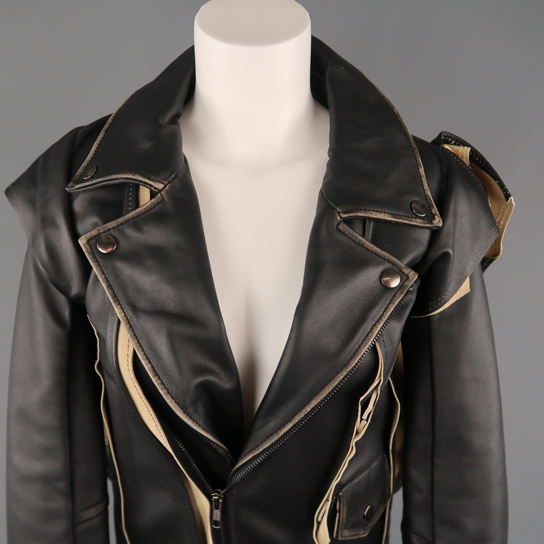 MAISON MARTIN MARGIELA X H M Size 2 Black Beige Deconstructed Biker Jacket Sui Generis Designer Consignment