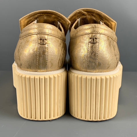CHANEL Size 9 Gold Fabric Platform Flats