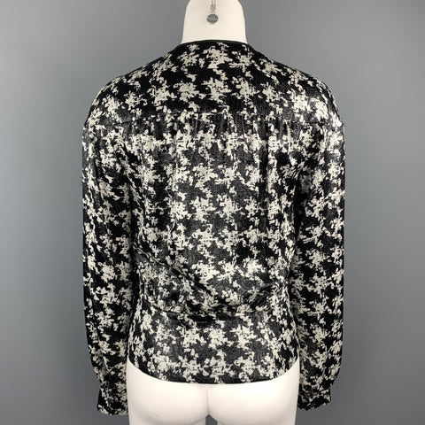 ESCADA Taille 4 Chemisier zippé sans col en soie pied-de-poule métallisé noir et blanc