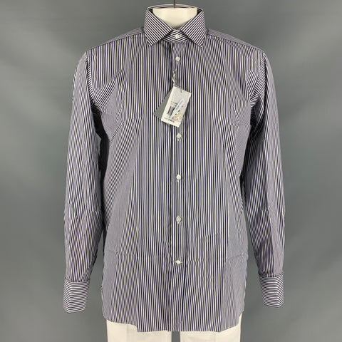 RALPH LAUREN Size XL White & Navy Stripe Cotton French Cuff Long Sleeve Shirt