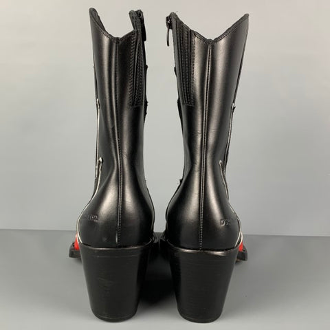 DSQUARED2 Size 11 Black Red Silver Flames Leather Cowboy Ankle Boots